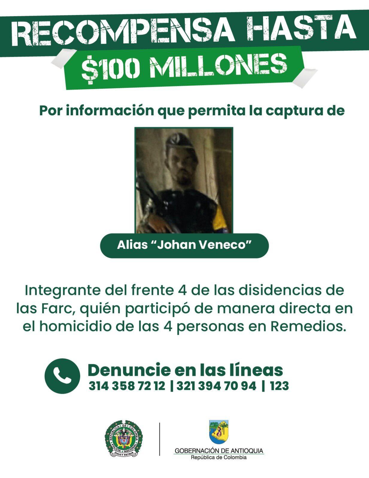 Recompensa de alias Johan Veneco