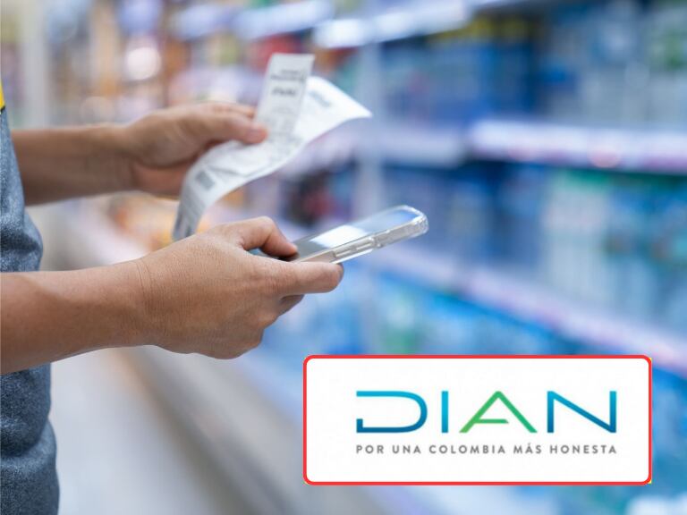 Persona revisando una factura en su celular y al lado el logo de la DIAN  (Fotos vía Getty Images Y DIAN)