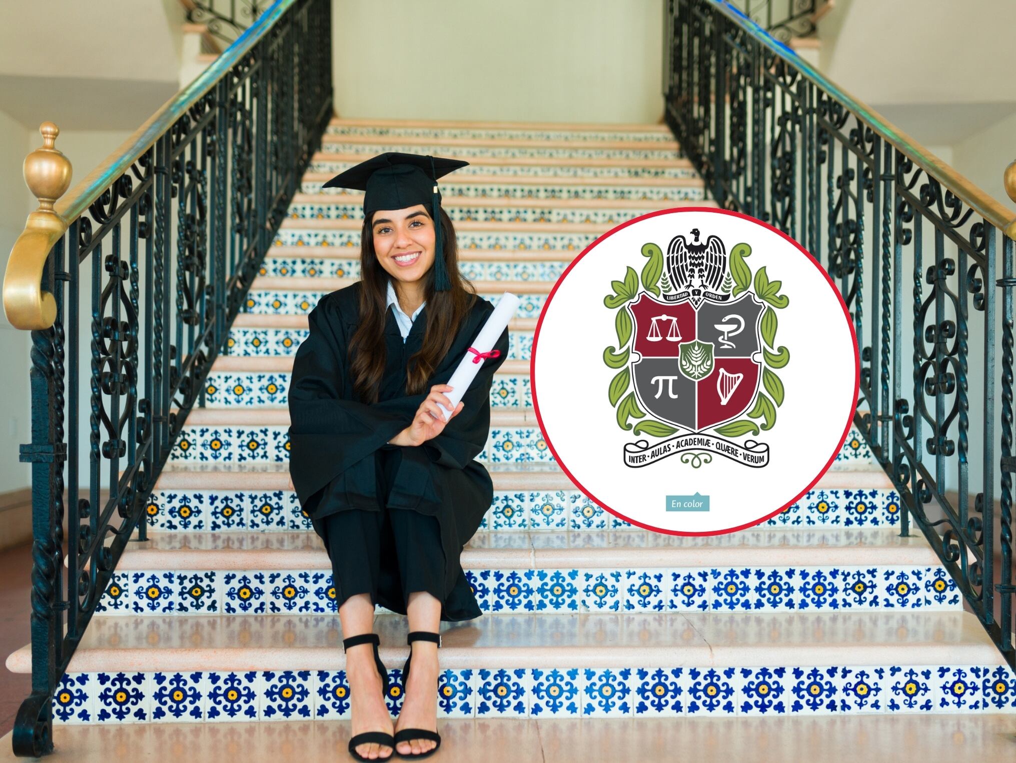 Estudiante en graduación (Crédito: Getty Images) / A la derecha se encuentra un logo de la Universidad Nacional