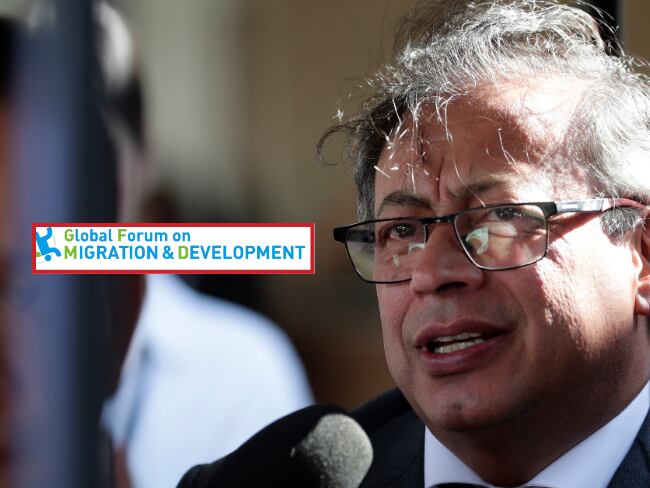 Presidente Petro y logo del Foro Global de Migración. Foto: Archivo 