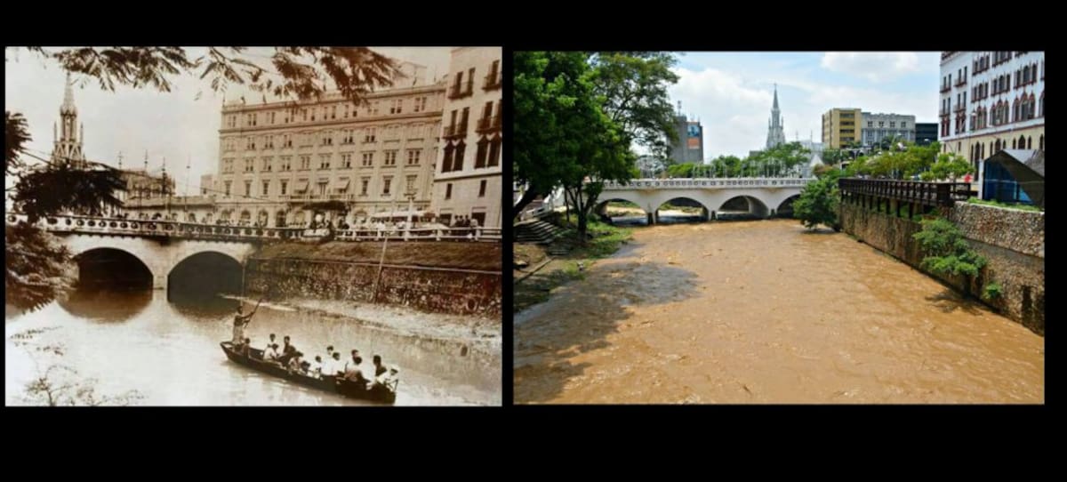 Antes y ahora del Río Cali a la altura del puente Ortíz. (Foto derecha: Mario Baos)