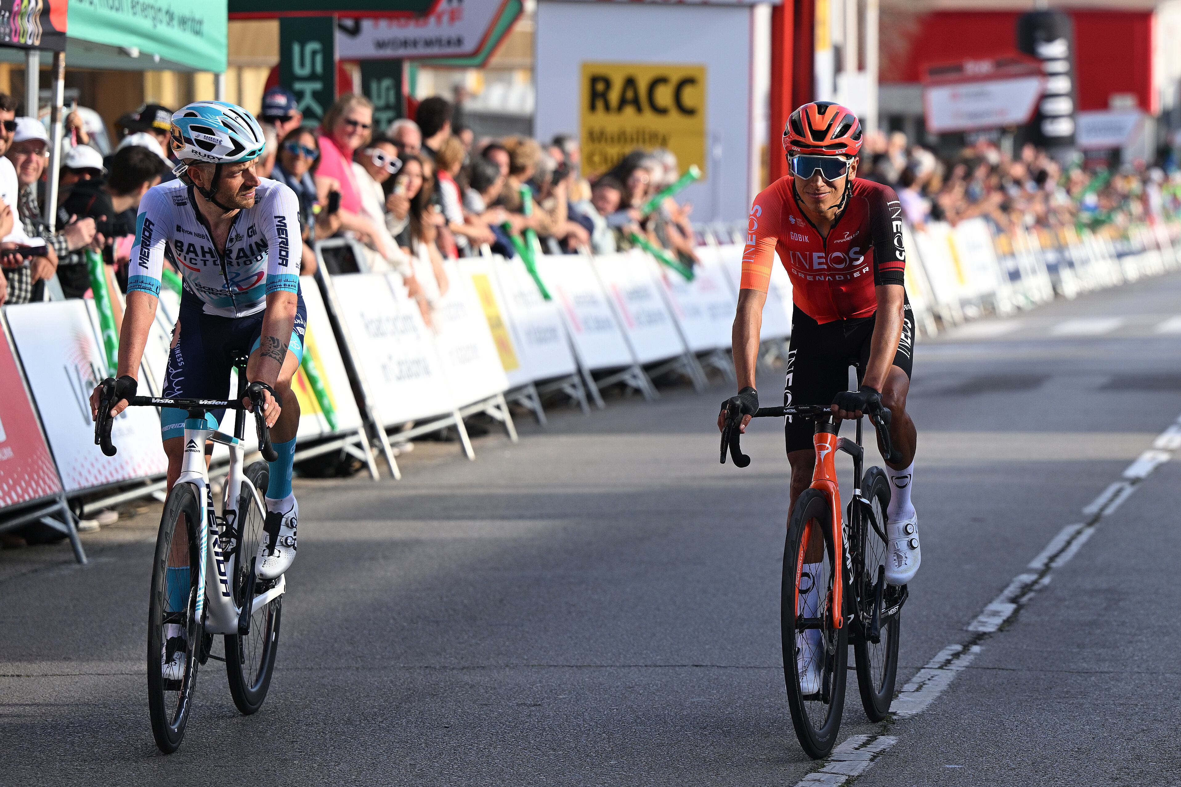 SANT FELIU DE GUIXOLS, SPAIN - MARCH 18: (L-R) Damiano Caruso of Italy and Team Bahrain-Victorious and Egan Bernal of Colombia and Team INEOS Grenadiers cross the finish line during the 103rd Volta Ciclista a Catalunya 2024, Stage 1 a 173.9km stage from Sant Feliu de Guixols to Sant Feliu de Guixols / #UCIWT / on March 18, 2024 in Sant Feliu de Guixols, Spain. (Photo by David Ramos/Getty Images)