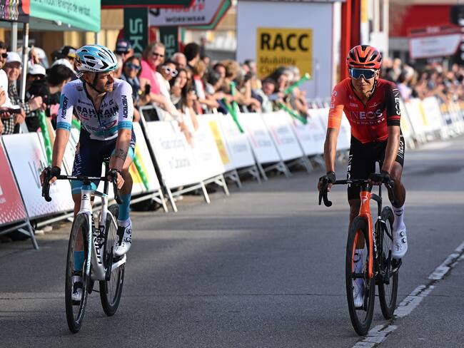 SANT FELIU DE GUIXOLS, SPAIN - MARCH 18: (L-R) Damiano Caruso of Italy and Team Bahrain-Victorious and Egan Bernal of Colombia and Team INEOS Grenadiers cross the finish line during the 103rd Volta Ciclista a Catalunya 2024, Stage 1 a 173.9km stage from Sant Feliu de Guixols to Sant Feliu de Guixols / #UCIWT / on March 18, 2024 in Sant Feliu de Guixols, Spain. (Photo by David Ramos/Getty Images)