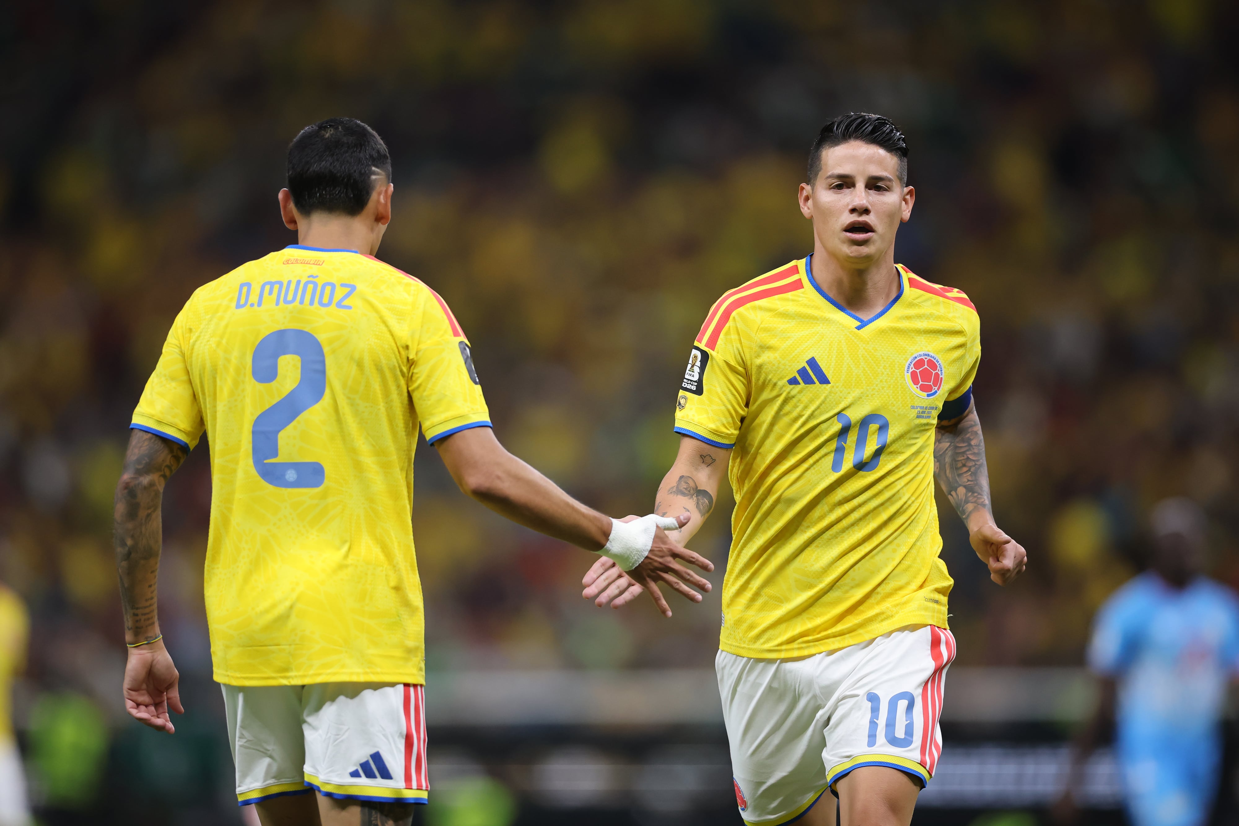 ZAPOPAN, MEXICO - JUNE 23: James Rodriguez #10 reacts with his teammate Daniel Munoz #2 of Colombia during the FIFA World Cup 2026 Group K match between Colombia and Congo DR at Guadalajara Stadium on June 23, 2026 in Guadalajara, Mexico. (Photo by Hector Vivas - FIFA/FIFA via Getty Images)