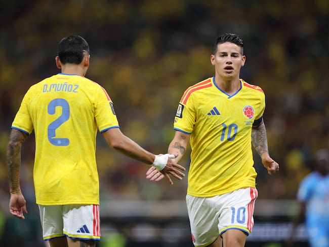 ZAPOPAN, MEXICO - JUNE 23: James Rodriguez #10 reacts with his teammate Daniel Munoz #2 of Colombia during the FIFA World Cup 2026 Group K match between Colombia and Congo DR at Guadalajara Stadium on June 23, 2026 in Guadalajara, Mexico. (Photo by Hector Vivas - FIFA/FIFA via Getty Images)