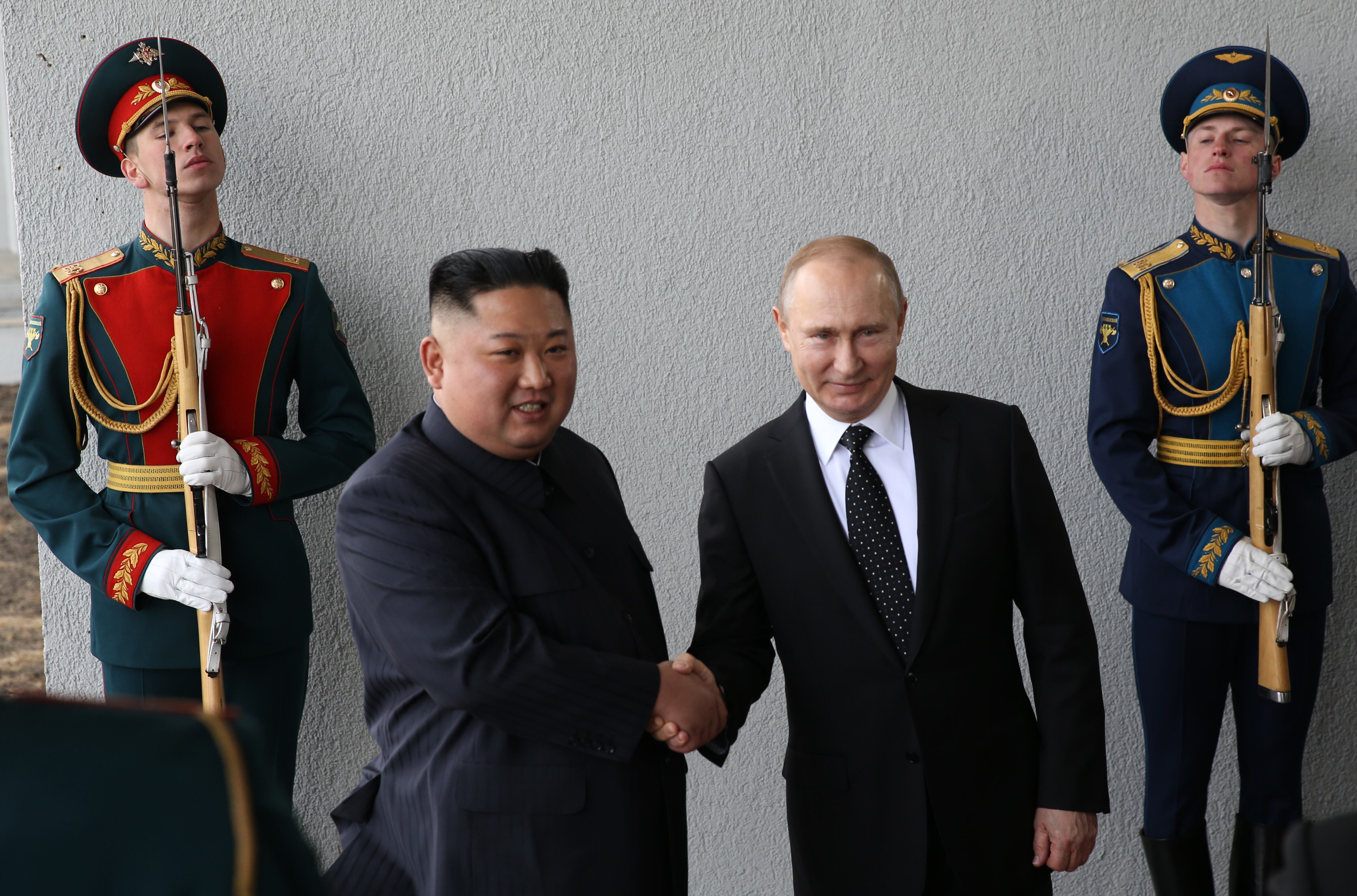 VLADIVOSTOK, RUSSIA - APRIL 25: (RUSSIA OUT) Russian President Vladimir Putin (R) greets North Korean Leader Kim Jong-un (L) before a meeting April 25, 2019 in Vladivostok, Russia. Kim Jong-un is on his first visit to Russia.  (Photo by Mikhail Svetlov/Getty Images)