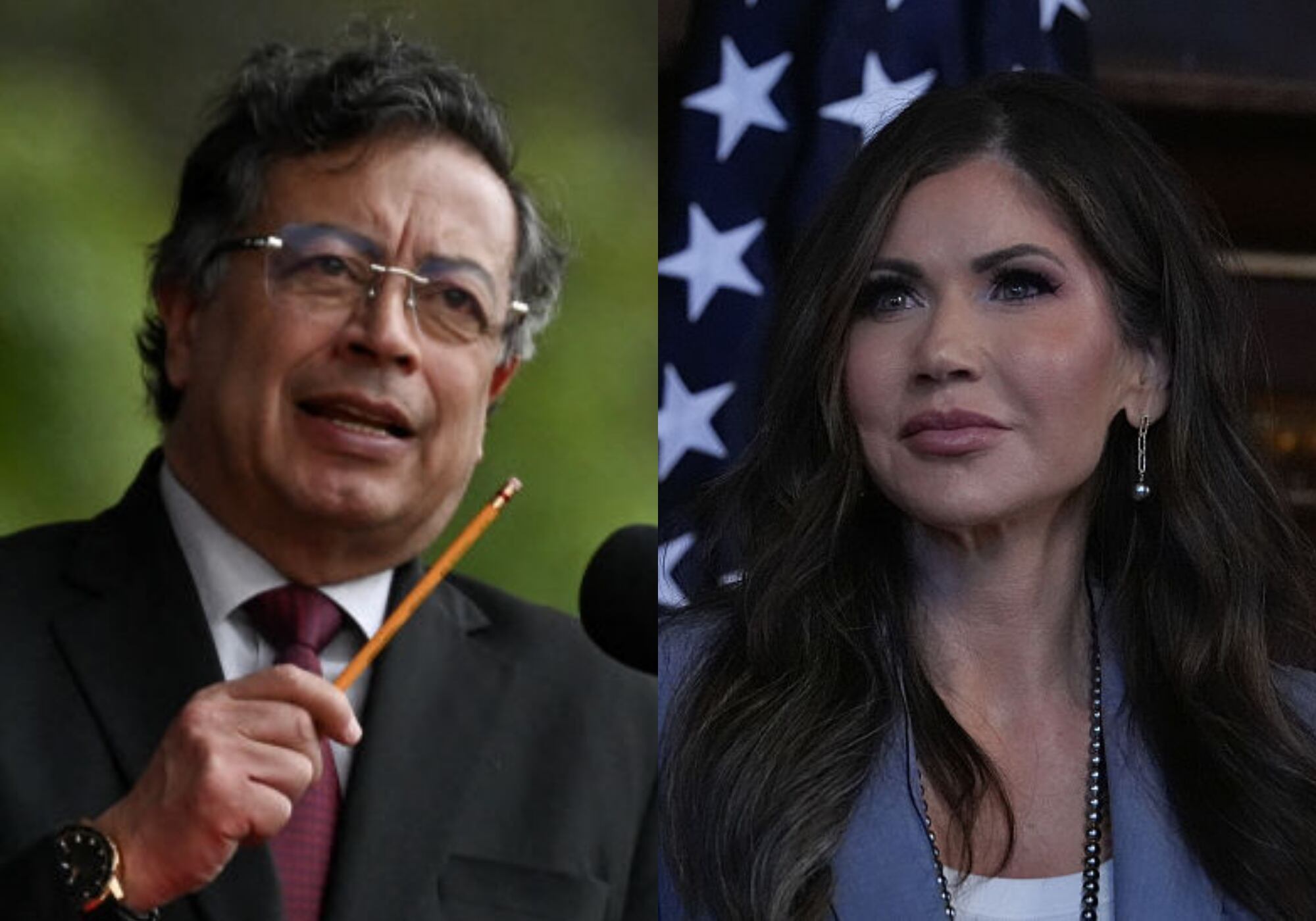 Gustavo Petro y Kristi Noem. Fotos: (Photo by LUIS ACOSTA/AFP via Getty Images)  / (Photo by Juancho Torres/Anadolu via Getty Images)