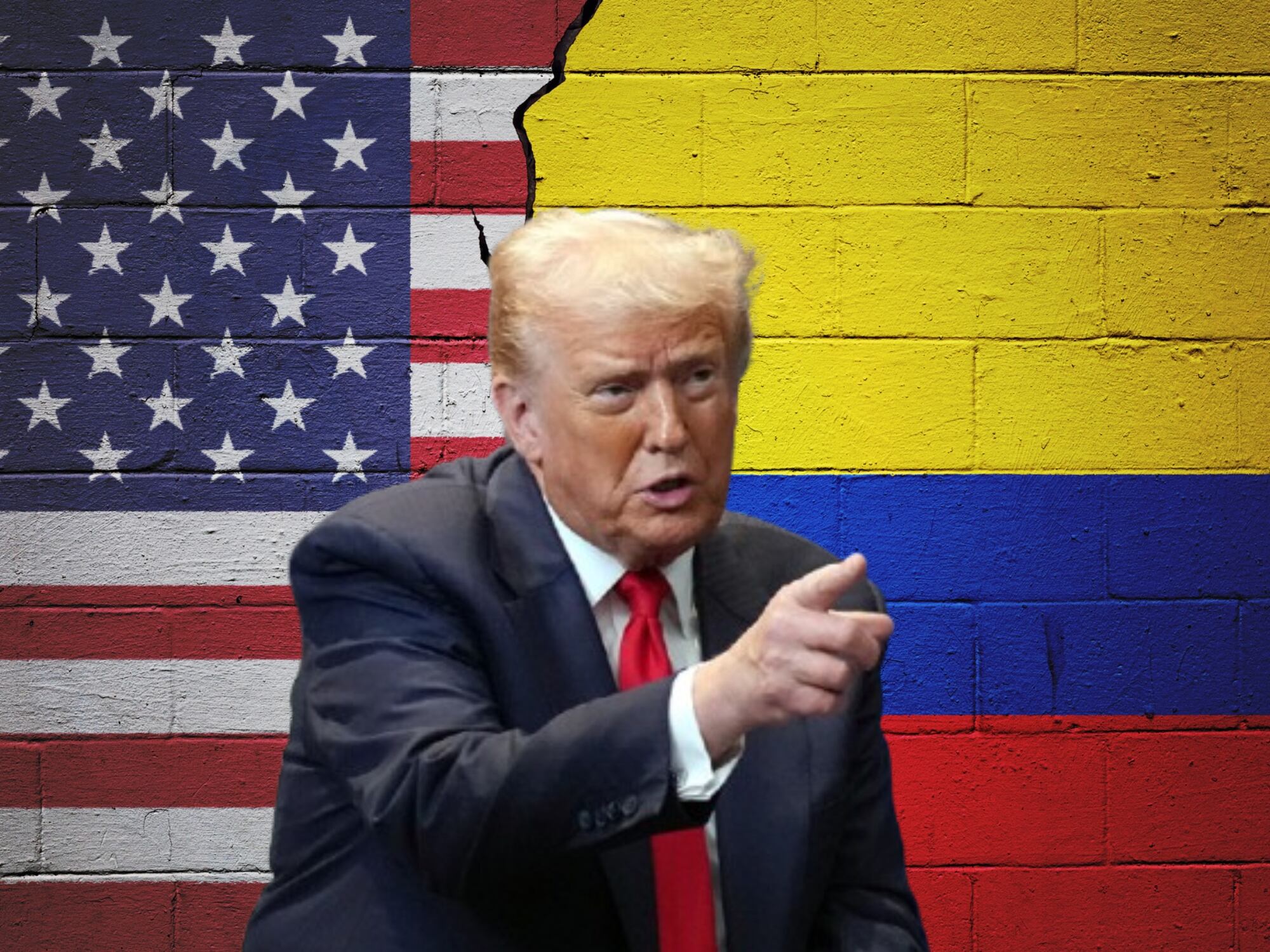 Donald Trump y banderas de Estados Unidos y Colombia. Fotos: (Photo by Andrew Harnik/Getty Images) / Getty Images