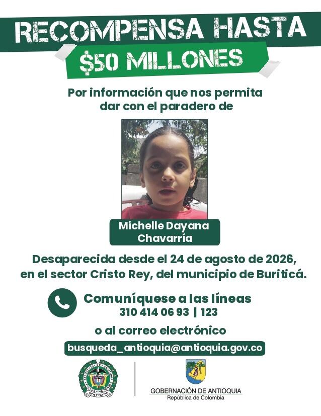Recompensa por información sobre niña desaparecida en Buriticá. Foto: Gobernación de Antioquia.