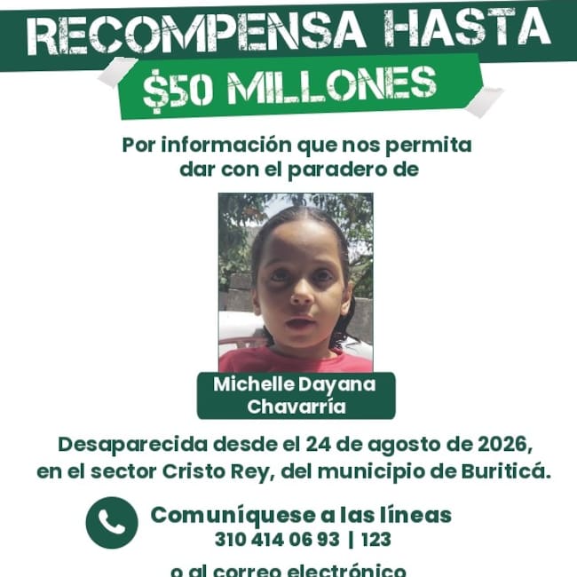 Recompensa por información sobre niña desaparecida en Buriticá. Foto: Gobernación de Antioquia.