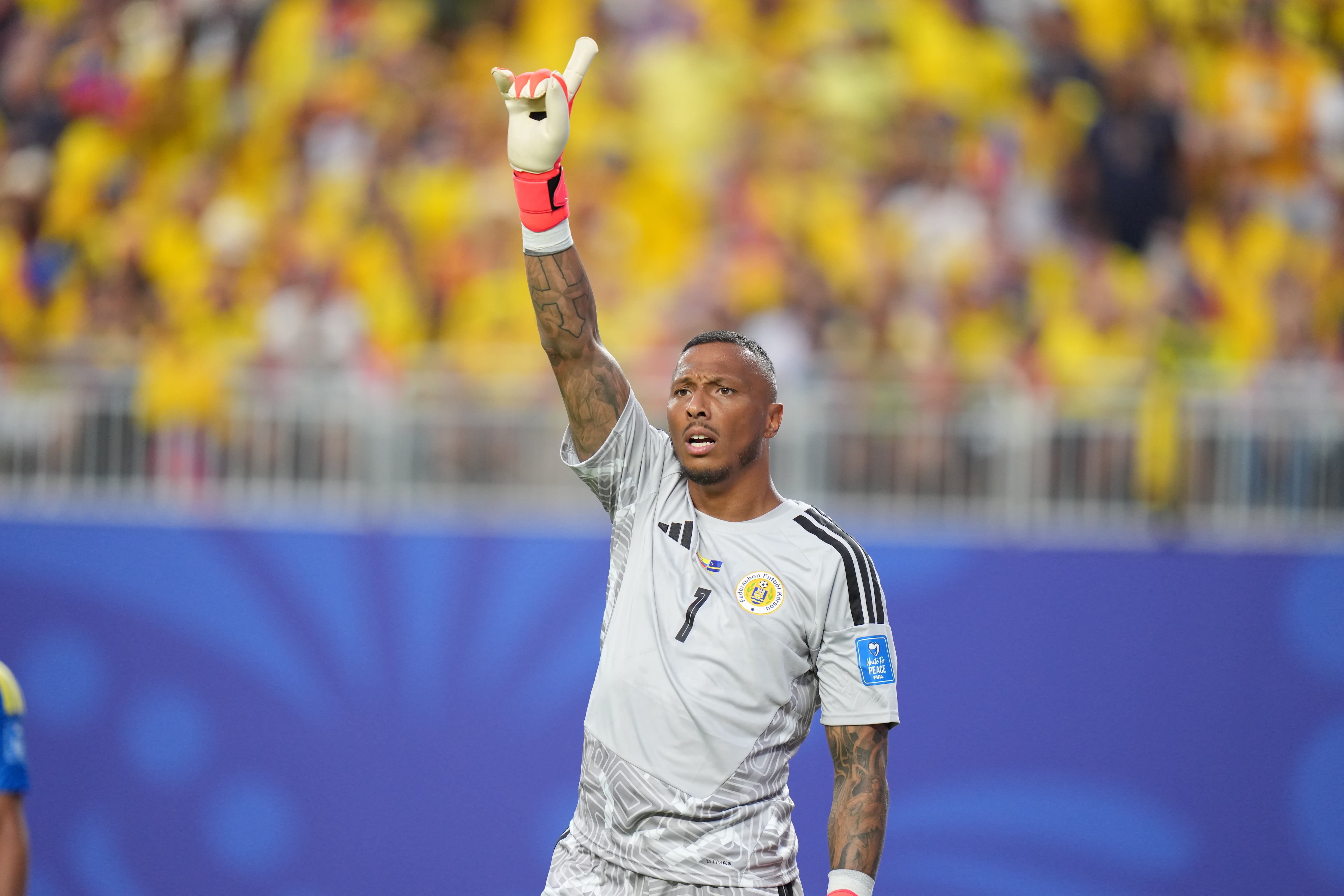 KANSAS CITY, UNITED STATES - JUNE 20: Goalkeeper Eloy Room of Curacao reacts during the 2026 FIFA World Cup First Stage Group E match between Ecuador and Curacao at Arrowhead Stadium (Kansas City Stadium) in Kansas City, Missouri, United States on June 20, 2026. (Photo by Hakan Akgun/Anadolu via Getty Images)