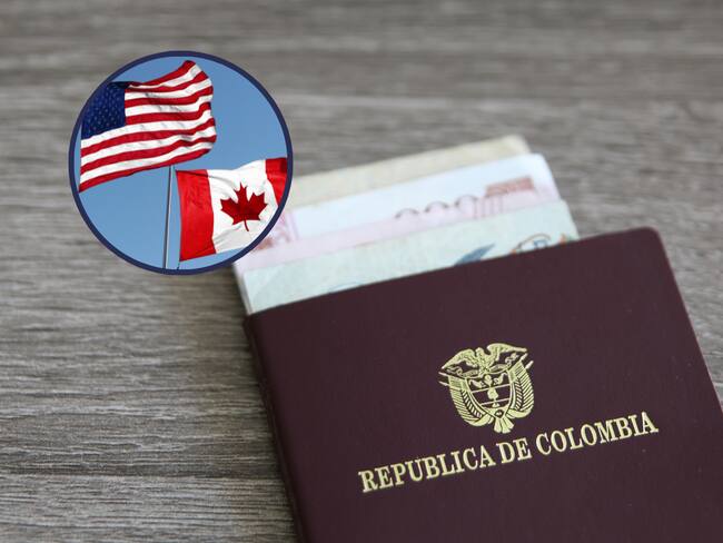 Pasaporte colombiano y de fondo las banderas de Estados Unidos y Canadá (Fotos vía Getty Images y COLPRENSA)
