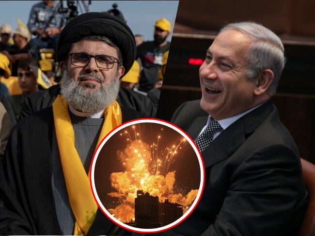 El líder de Hezbolá, Hassán Nasrallah (i), habría muerto tras una serie de bombardeos en Líbano. Los ataques ocurren luego de que el primer ministro israelí, Benjamín Netanyahu (d), advirtiera que no frenarían su ofensiva en Medio Oriente.
(Foto: Getty / Caracol Radio)