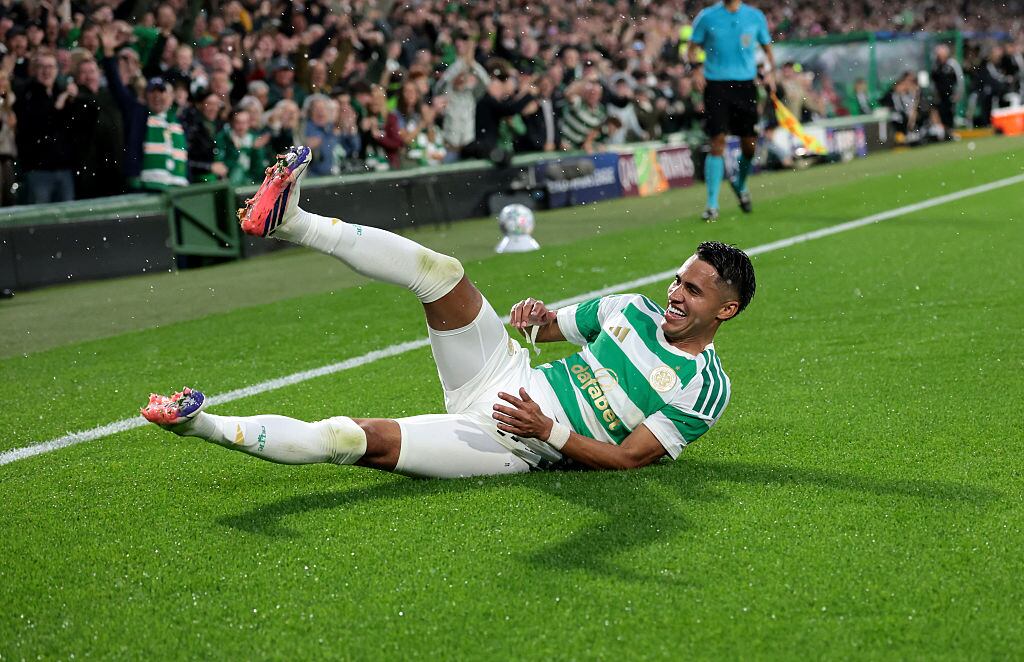 GLASGOW, SCOTLAND - AUGUST 19: Camilo Duran of Celtic celebrates scoring his team’s second goal during the UEFA Champions League 2026/27 play-offs first leg match between Celtic and LASK at Celtic Park on August 19, 2026 in Glasgow, Scotland. (Photo by Ian MacNicol/Getty Images)