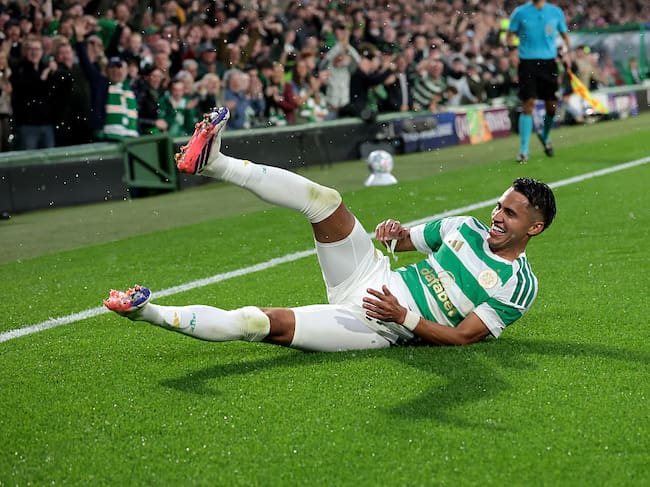 GLASGOW, SCOTLAND - AUGUST 19: Camilo Duran of Celtic celebrates scoring his team’s second goal during the UEFA Champions League 2026/27 play-offs first leg match between Celtic and LASK at Celtic Park on August 19, 2026 in Glasgow, Scotland. (Photo by Ian MacNicol/Getty Images)