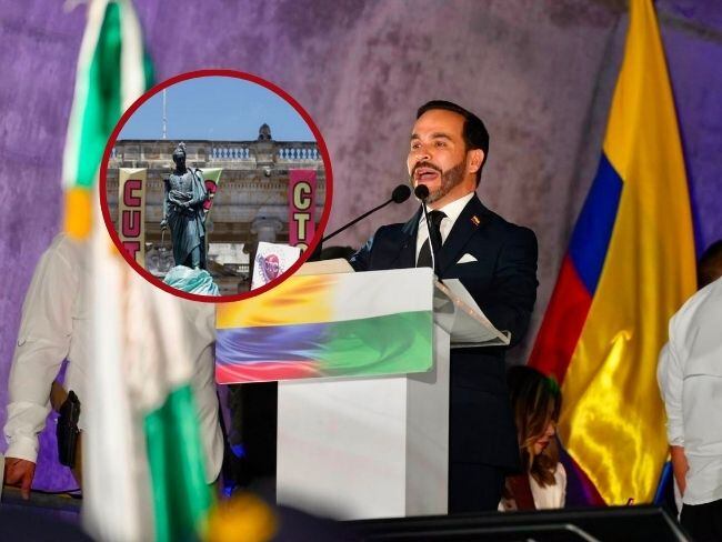 Nuevo presidente de Colombia, Abelardo De La Espriella en el Túnel del Toyo en Antioquia y pancartas de las centrales obreras. Foto: archivo.