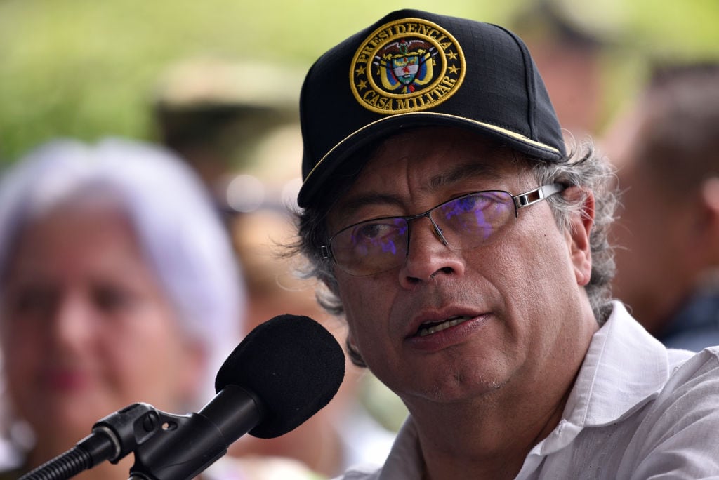 CUCUTA, COLOMBIA - SEPTEMBER 26: Colombian President Gustavo Petro delivers a speech after the commercial border reopening between Venezuela and Colombia at the Simon Bolivar international bridge on September 26, 2022 in Cucuta, Colombia. President of Colombia Gustavo Petro and his Venezuelan counterpart Nicolas Maduro confirmed the full reopening of their shared border for commercial trading and cargo traffic after seven years of vehicular closure. (Photo by Guillermo Legaria/Getty Images)