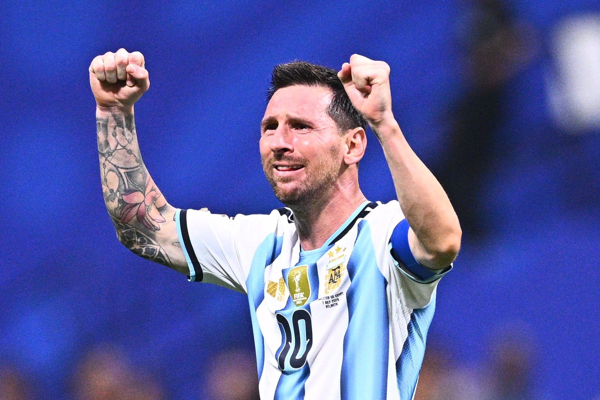 07 July 2026, United States, Atlanta: Soccer, Men, 2026 World Cup, Argentina vs. Egypt, Knockout Stage, Round of 16, Atlanta Stadium, Lionel Messi (Argentina) celebrates the victory. PLEASE NOTE: In accordance with FIFA regulations, these images may be used exclusively for editorial purposes. Commercial use is prohibited. Furthermore, no video-like sequences may be created, and no alterations may be made to the image, either in the foreground or the background. Photo: Tom Weller/dpa (Photo by Tom Weller/picture alliance via Getty Images)