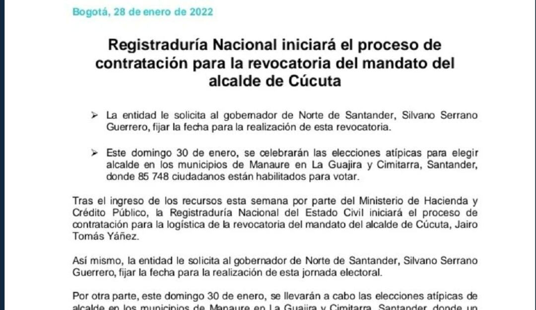 Registraduría inicia contratación para la revocatoria del alcalde de Cúcuta