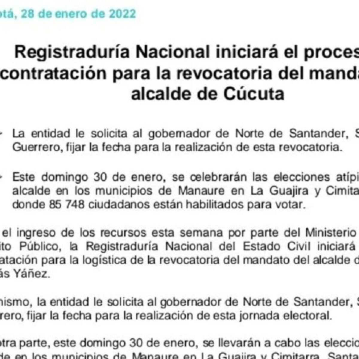 Registraduría inicia contratación para revocatoria del alcalde de Cúcuta