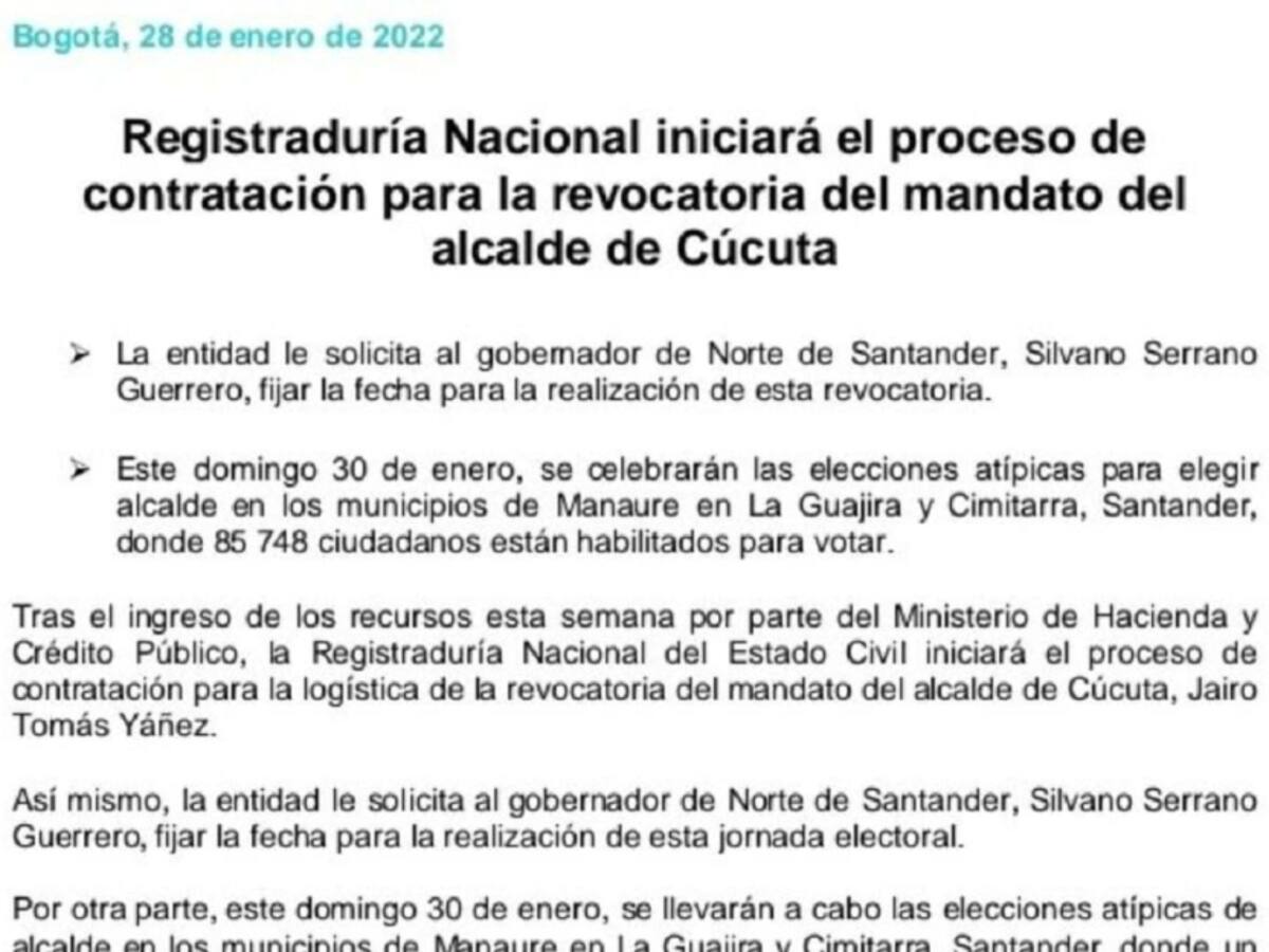 Registraduría inicia contratación para revocatoria del alcalde de Cúcuta