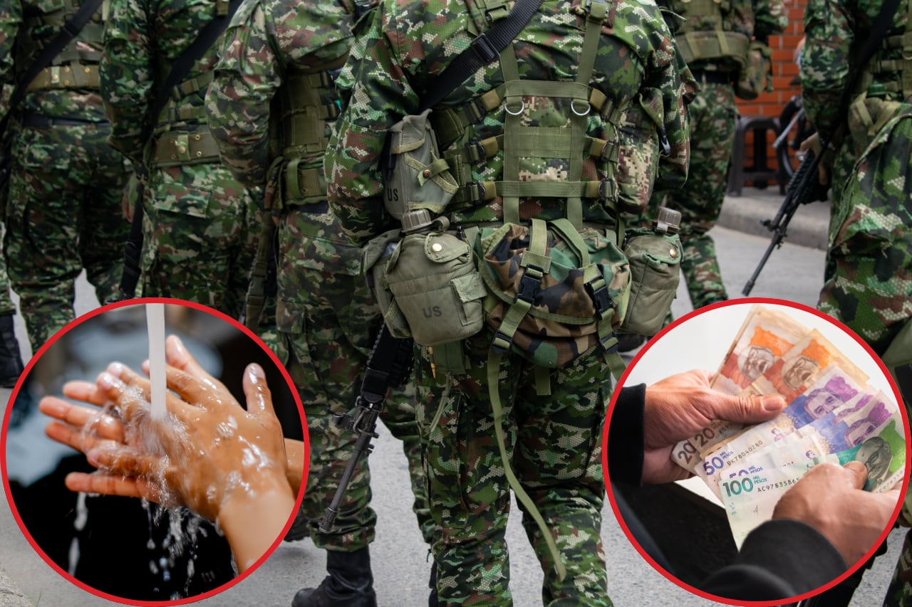 Foto de referencia. Ejército colombiano: Getty Images / Agua: Getty Images / Dinero colombiano: Getty Images