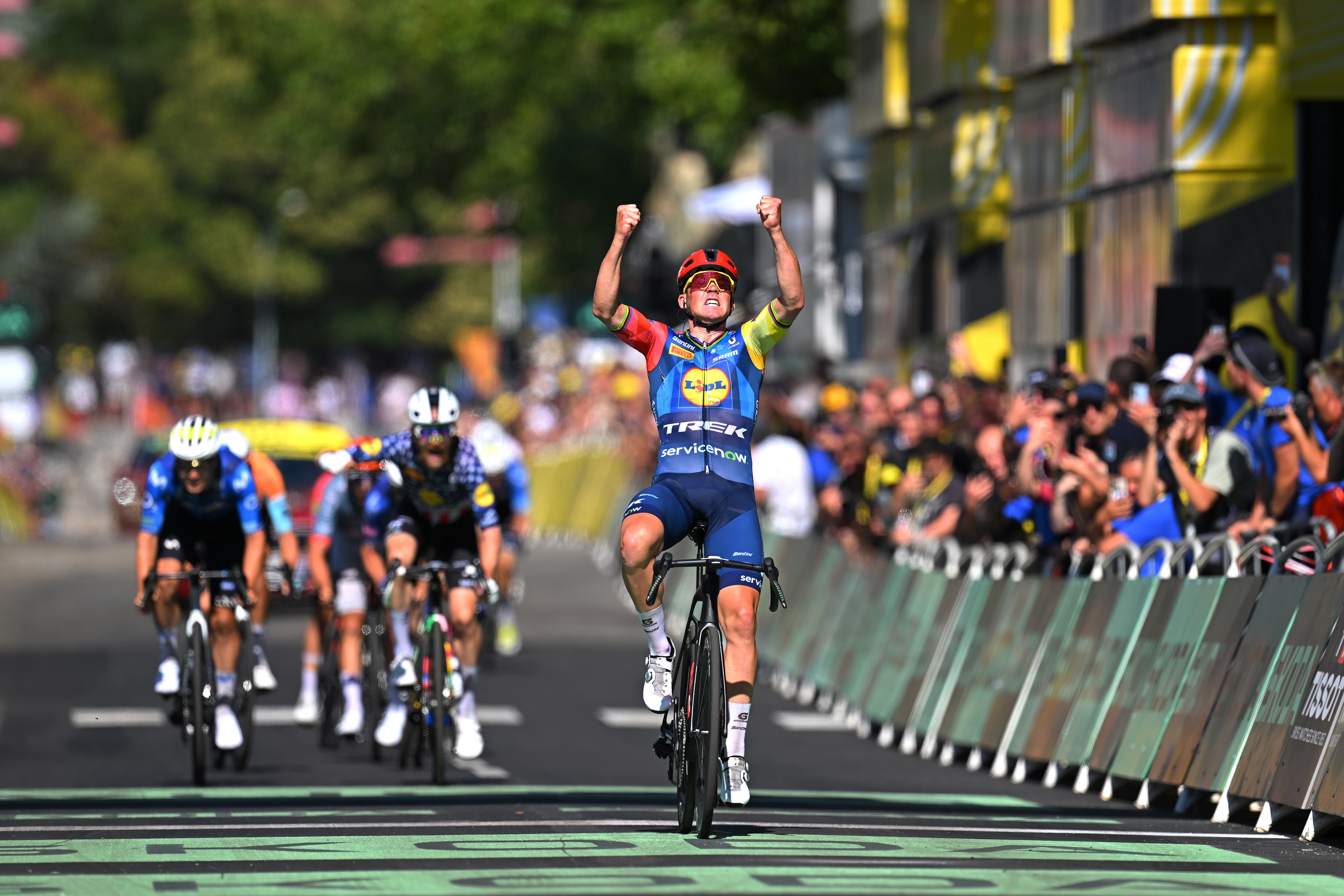 FOIX, FRANCE - JULY 07: Mads Pedersen of Denmark and Team Lidl - Trek celebrates at finish line as stage winner during the 113th Tour de France 2026, Stage 4 a 181.9km stage from Carcassonne to Foix / #UCIWT / on July 07, 2026 in Foix, France. (Photo by Tim de Waele/Getty Images)