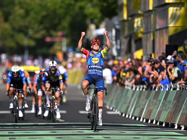 FOIX, FRANCE - JULY 07: Mads Pedersen of Denmark and Team Lidl - Trek celebrates at finish line as stage winner during the 113th Tour de France 2026, Stage 4 a 181.9km stage from Carcassonne to Foix / #UCIWT / on July 07, 2026 in Foix, France. (Photo by Tim de Waele/Getty Images)