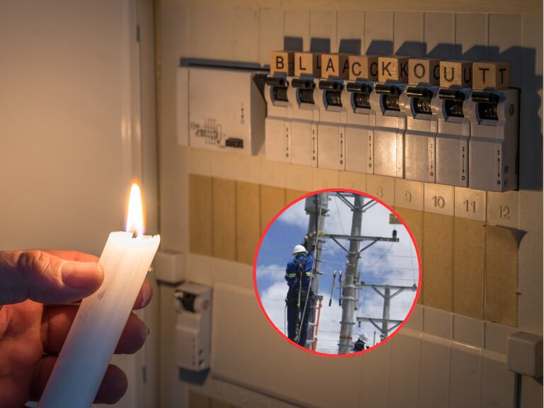 Persona con una vela tras quedarse sin electricidad en su hogar y al lado un trabajador de las redes eléctricas (Fotos vía Procuraduría y cuenta de X de la entidad @PGN_COL)