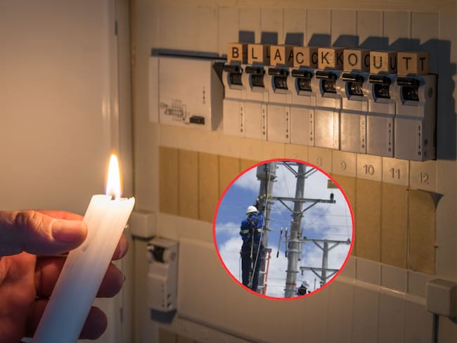 Persona con una vela tras quedarse sin electricidad en su hogar y al lado un trabajador de las redes eléctricas (Fotos vía Procuraduría y cuenta de X de la entidad @PGN_COL)