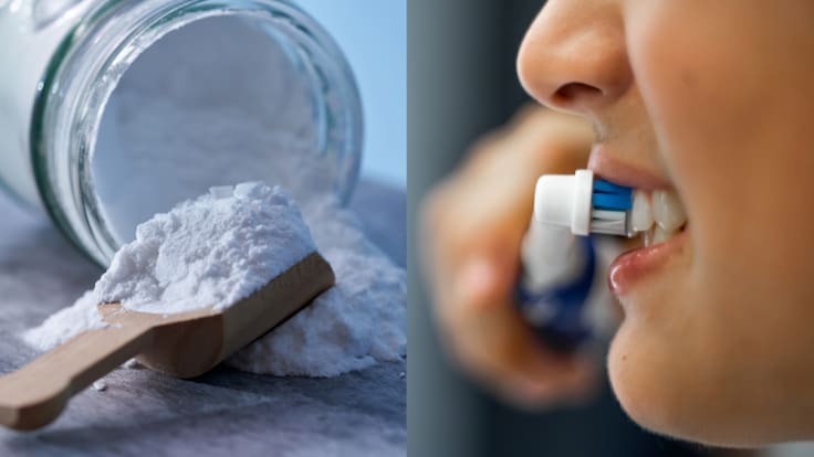 Del lado izquierdo un frasco con bicarbonato de sodio, en el otro lado una persona cepillando sus dientes (Fotos vía Getty Images)