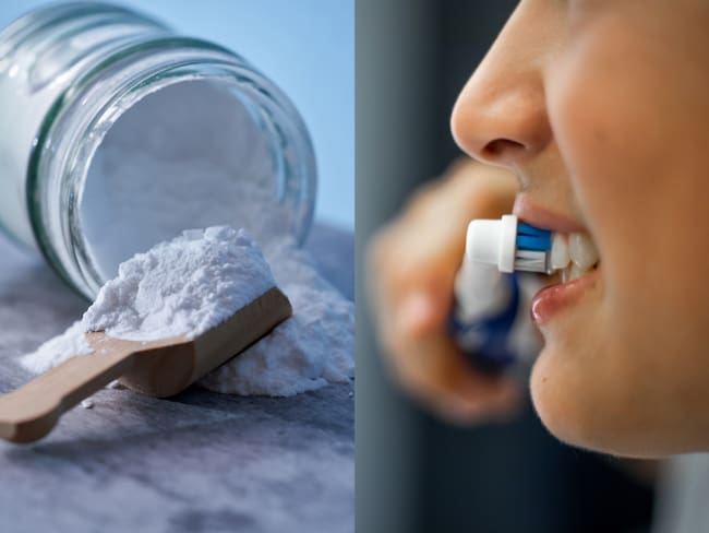 Del lado izquierdo un frasco con bicarbonato de sodio, en el otro lado una persona cepillando sus dientes (Fotos vía Getty Images)
