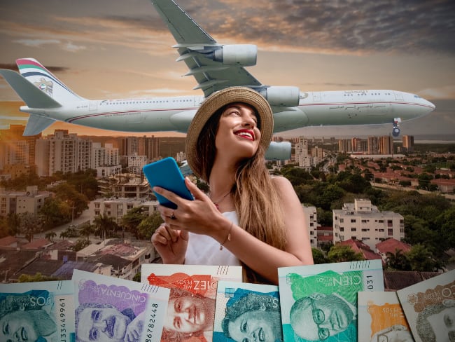 Barranquilla de fondo // Avión // mujer viajando // billetes colombianos // Getty Images