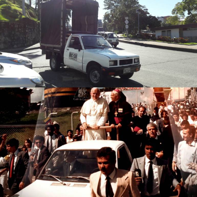 En la parte superior la Chevrolet Luv que hoy se dedica a cargar acarreos y en la superior la Chevrolet transportando a su santidad Juan Pablo Segundo.