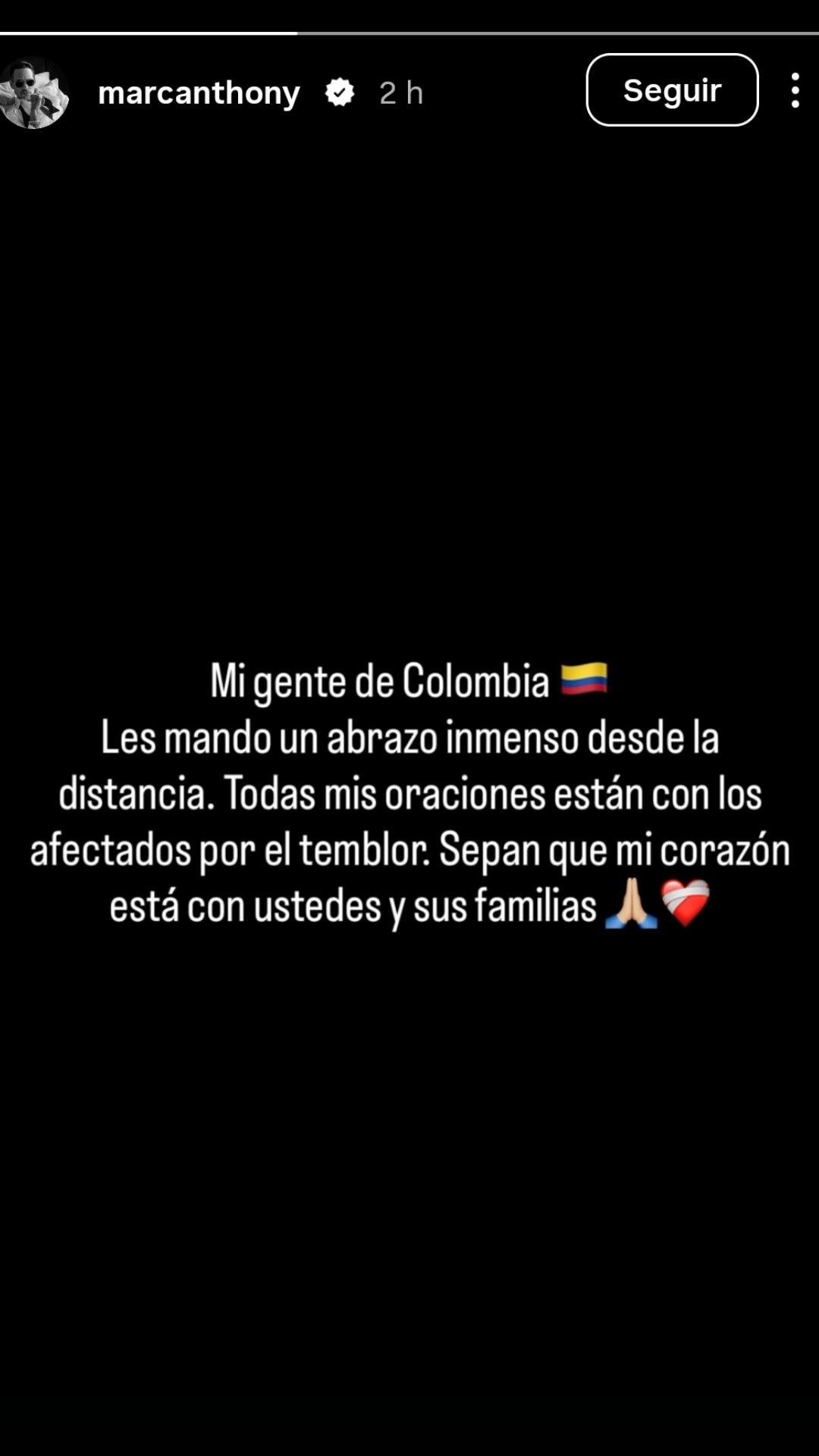 Mensaje por el cantante puertorriqueño Marc Anthony por el terremoto en Colombia, a través de su cuenta de Instagram @marcanthony