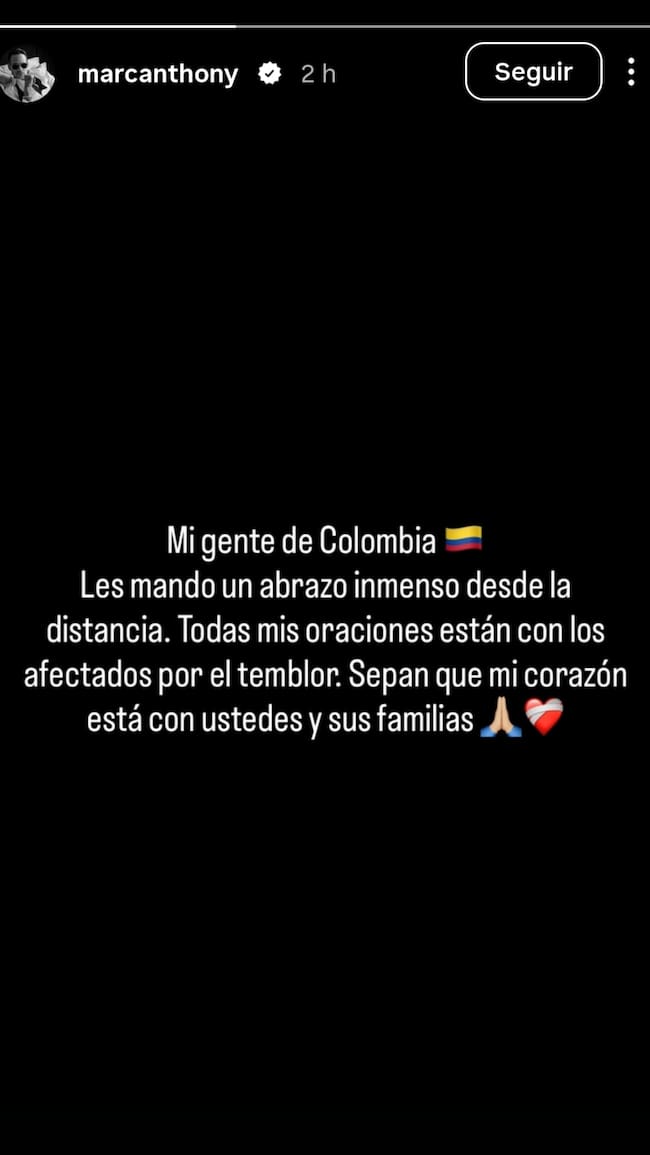 Mensaje por el cantante puertorriqueño Marc Anthony por el terremoto en Colombia, a través de su cuenta de Instagram @marcanthony