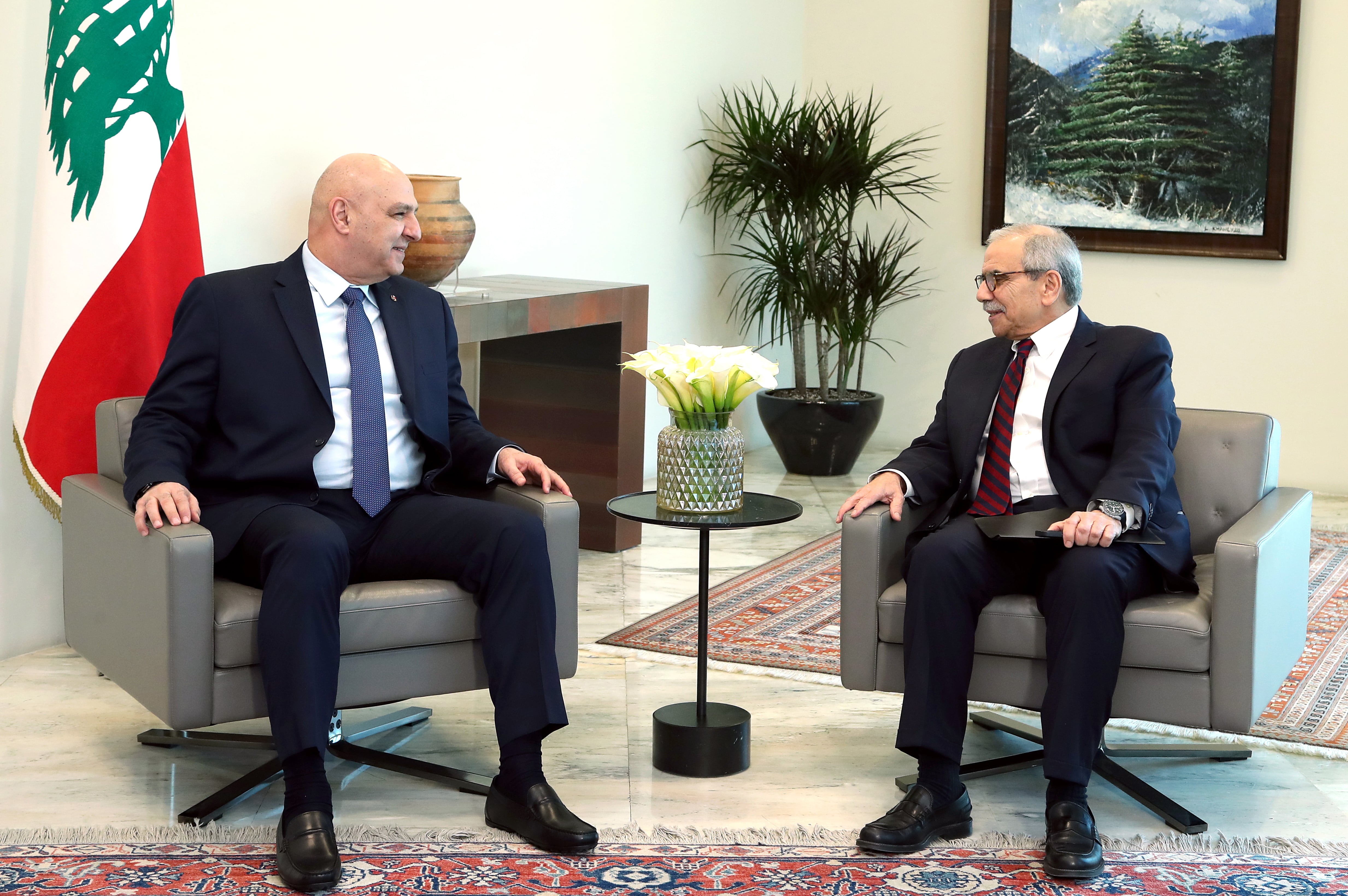 BAABDA (Lebanon), 08/02/2025.- A handout photo made available by the Lebanese Presidencys press office shows Lebanese President Joseph Aoun (L) meeting with Prime Minister-designate Nawaf Salam.