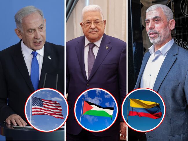 Los líderes de Israel, Benjamin Netanyahu (i), Autoridad Nacional Palestina, Mahmoud Abbas (c) y Hamás en Gaza, Yahya Sinwar (d). En los círculos, de izquierda a derecha, las banderas de Estados Unidos, Palestina y Colombia.
(Foto: Caracol Radio / Getty )