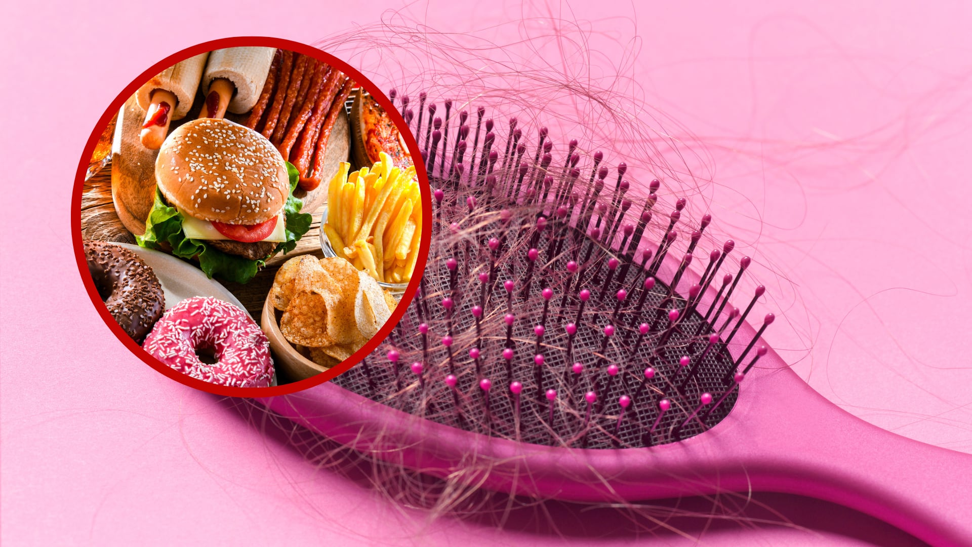 Collage de referencia, alimentos y pérdida de cabello. Fotos: Getty Images.
