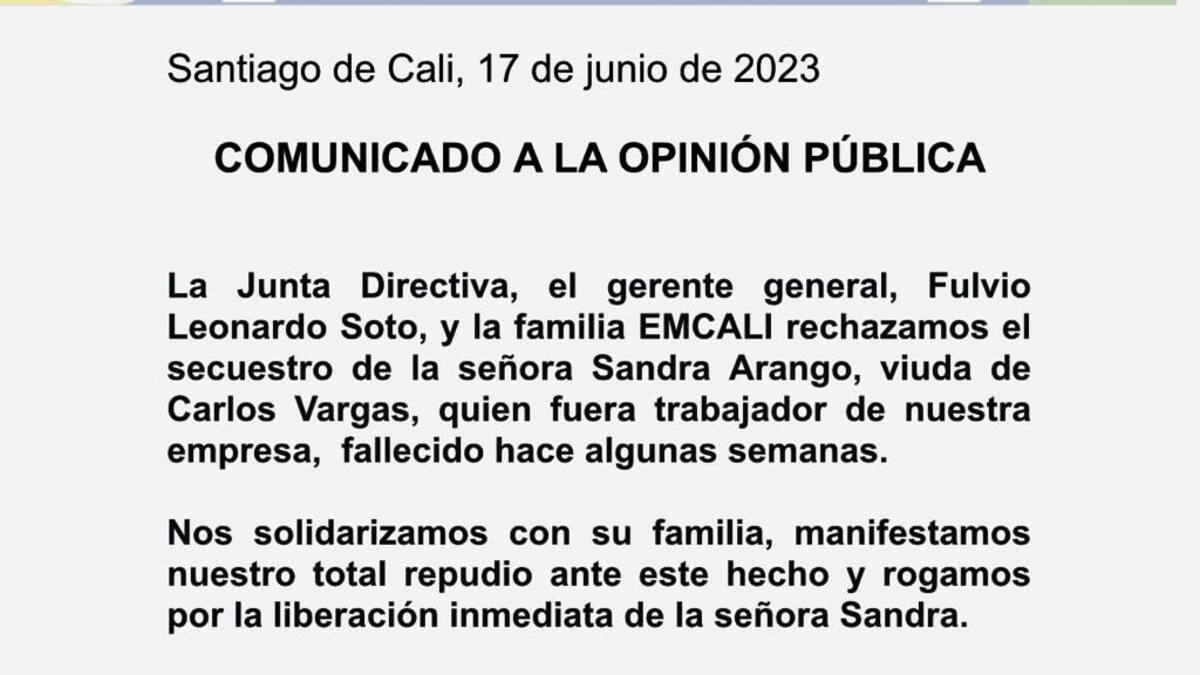 Investigan secuestro de esposa de líder sindical en Cali