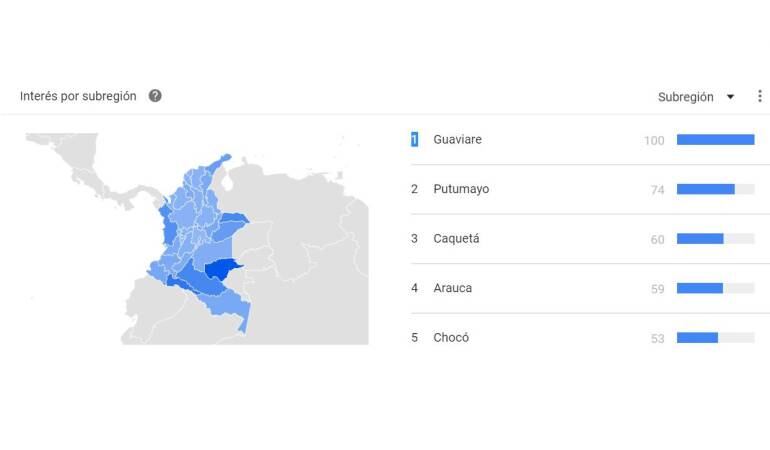 Captura de pantalla de Google Trends que evidencia las búsquedas de la palabra paz por departamento entre 2010 y 2016.