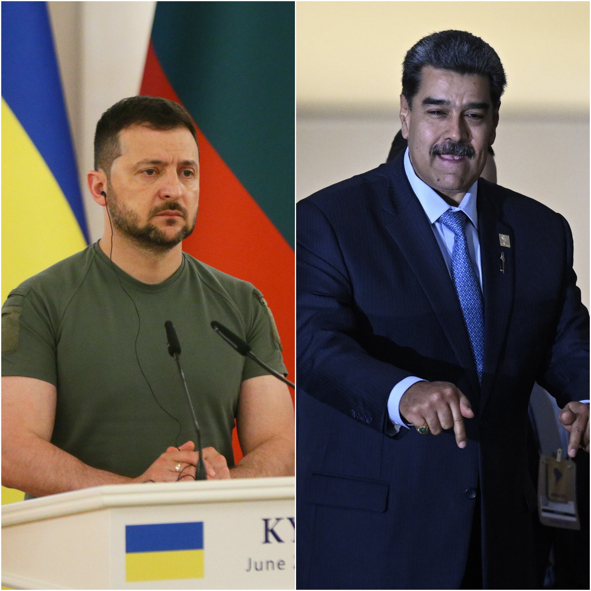 El presidente de Ucrania, Volodimir Zelensky (izq), y el presidente de Venezuela, Nicolás Maduro (der). 
(Foto: Caracol Radio /Getty Images )