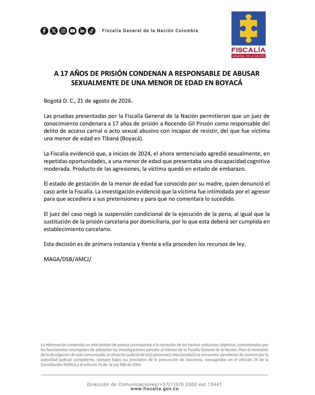 Comunicado de la Fiscalía General de la Nación.