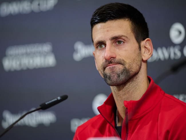 MALAGA, SPAIN - NOVEMBER 25: Novak Djokovic of Serbia looks on in press conference after the Semi-Final match against Jannik Sinner and Lorenzo Sonego of Italy in Davis Cup Final at Palacio de Deportes Jose Maria Martin Carpena on November 25, 2023 in Malaga, Spain. (Photo by Francisco Macia/Quality Sport Images/Getty Images)