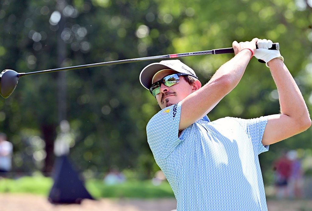 ST. LOUIS, MO - AUGUST 21: Golfer Nico Echavarria hits his shot on the #11 tee during the second round of the BMW Championship on August 21, 2026, at Bellerive Country Club in St. Louis, MO. (Photo by Keith Gillett/Icon Sportswire via Getty Images)