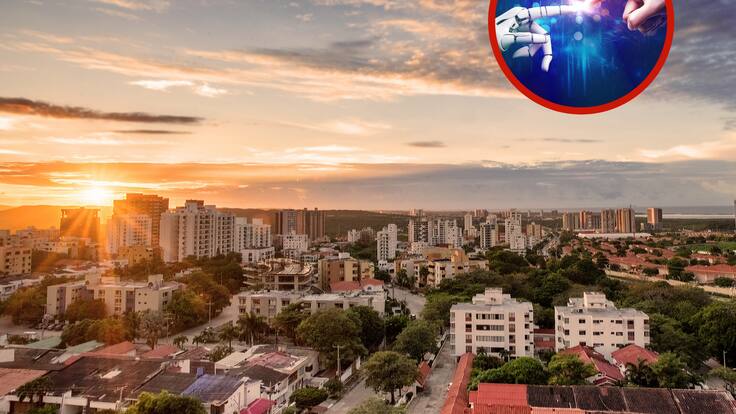 Vista aérea de Barranquilla e imagen referente a la Inteligencia Artificial (Fotos vía Getty Images)