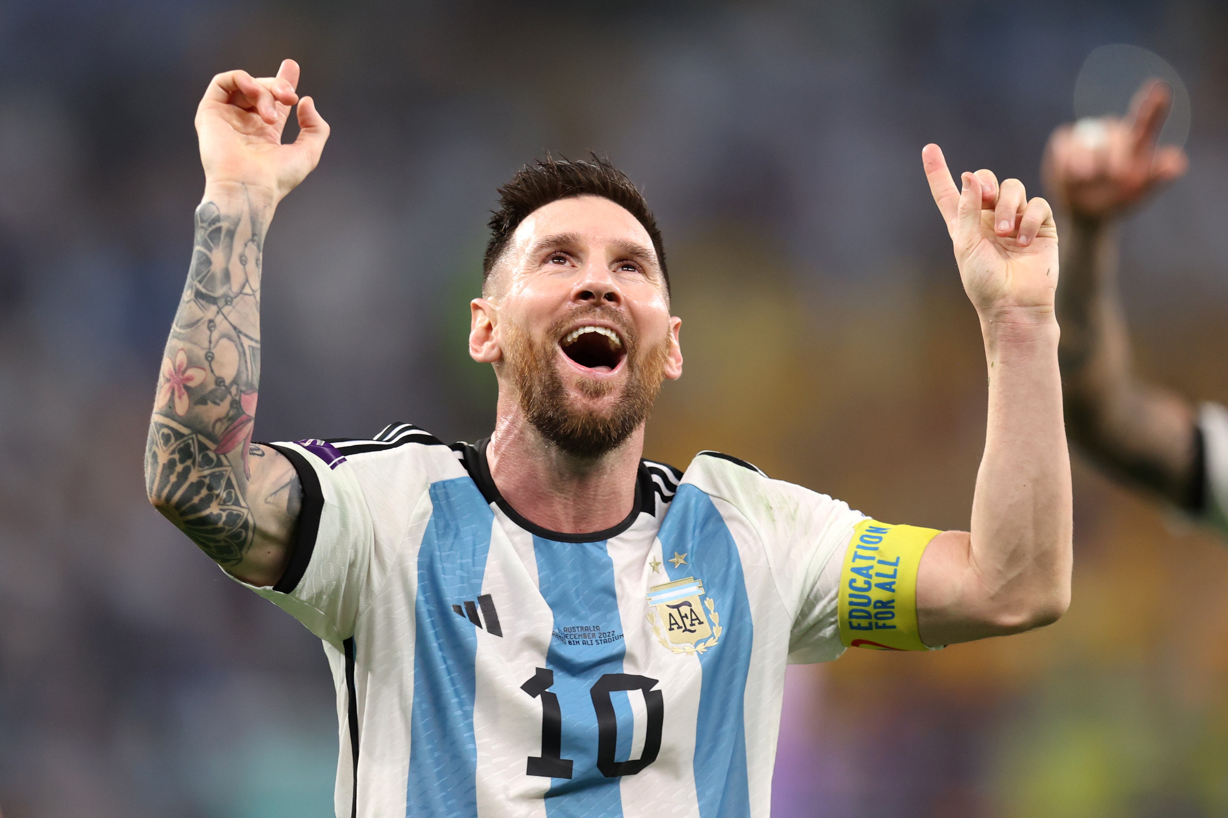 DOHA, QATAR - DECEMBER 03: Lionel Messi of Argentina celebrates after the team's victory during the FIFA World Cup Qatar 2022 Round of 16 match between Argentina and Australia at Ahmad Bin Ali Stadium on December 03, 2022 in Doha, Qatar. (Photo by Alex Pantling/Getty Images)