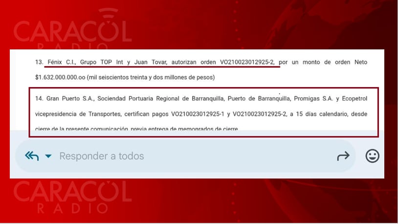 Juan Tovar envía pantallazos de correos y de órdenes de servicios para simular que sus empresas (Fénix Comercializadora Internacional, Grupo Tovar & Partners Internacional y Juan Tovar) tienen negocios con Ecopetrol, Cenit, Promigas y el Puerto de Barranquilla.