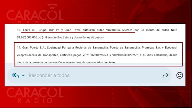 Juan Tovar envía pantallazos de correos y de órdenes de servicios para simular que sus empresas (Fénix Comercializadora Internacional, Grupo Tovar & Partners Internacional y Juan Tovar) tienen negocios con Ecopetrol, Cenit, Promigas y el Puerto de Barranquilla.