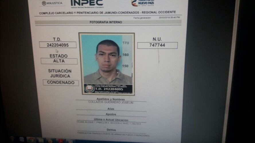 El Inpec confirmó la fuga del recluso Joselin Collazos Guerrero. Foto: Inpec